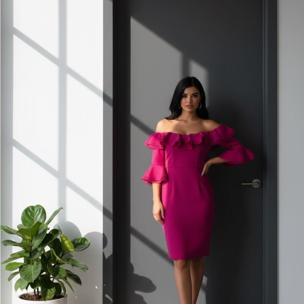Chic Fuchsia Off-Shoulder Midi Dress